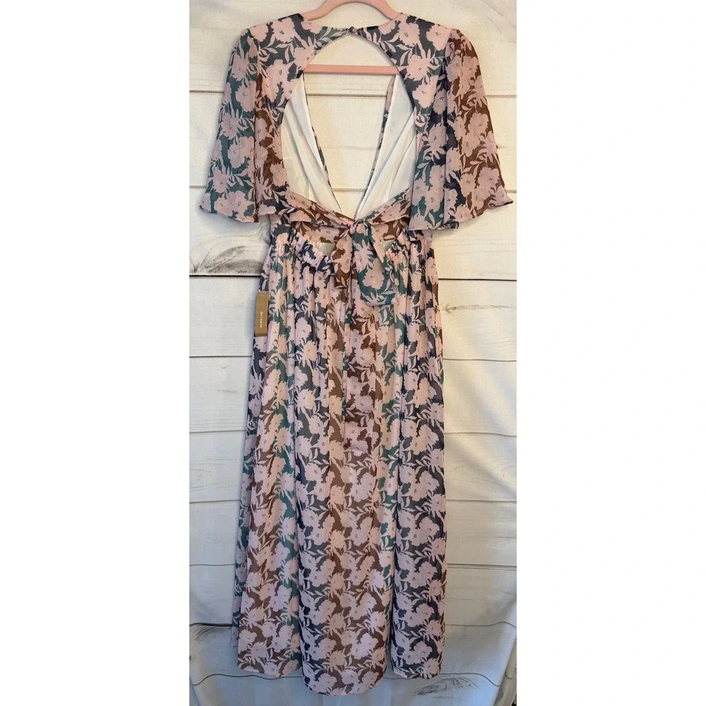 O.P.T. Floral Maxi Dress Pink Teal Deep V-Neck Cutout Back Flutter Sleeve Size M